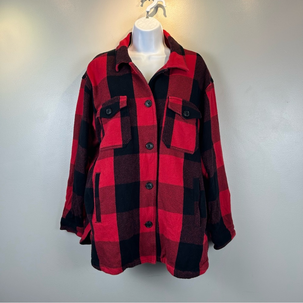Lucky Brand Shacket Womens Medium Red Buffalo Plaid Flannel Shirt Jacket Pockets